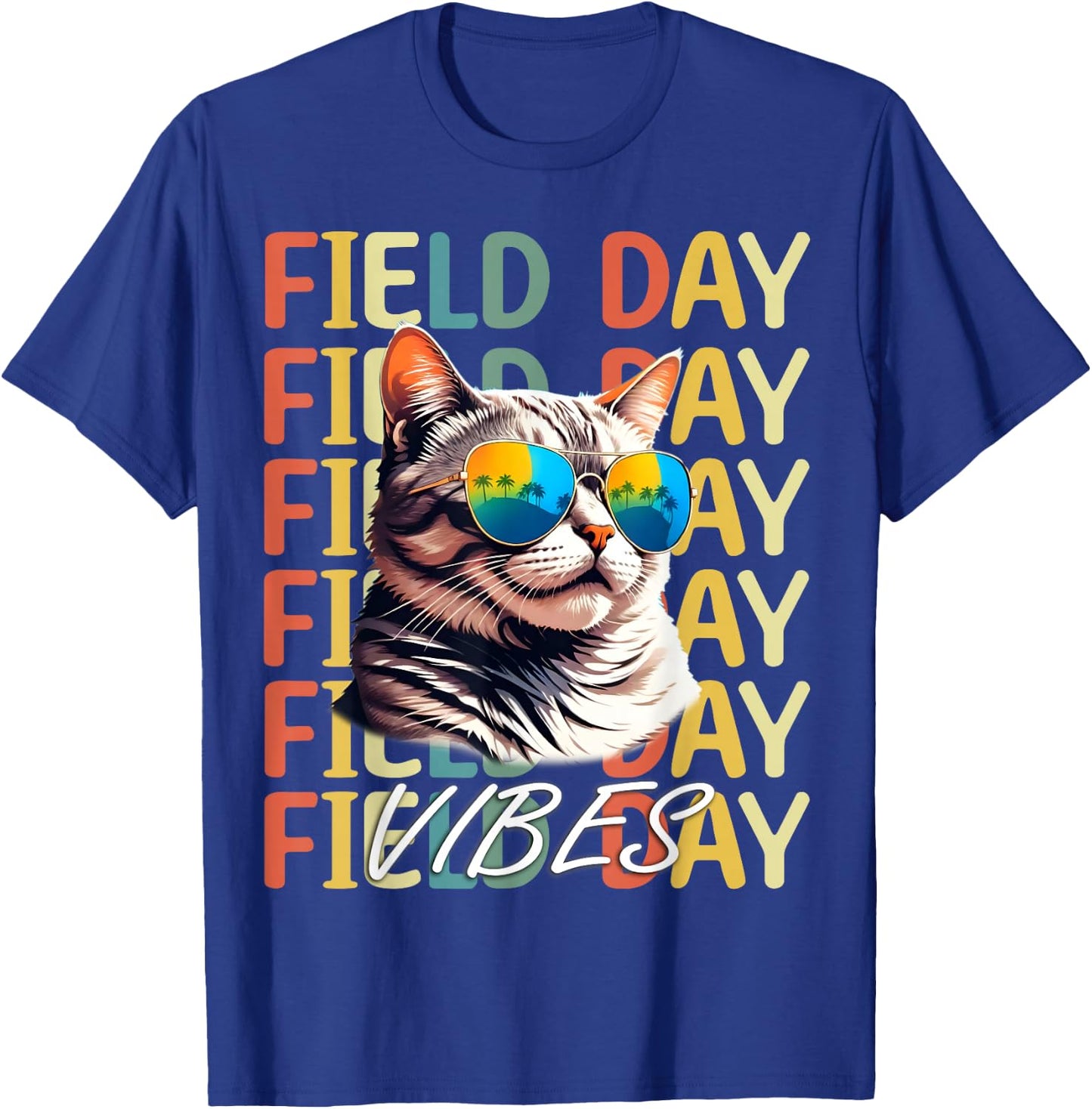 School field day Vibes Summer 2024 Retro Cat Teachers Kids T-Shirt - T-Shirt | Royal