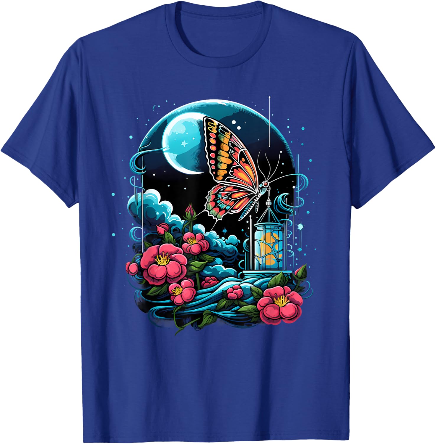 Butterfly Floral Colorful Artwork Moon Nature Animal Lovers T-Shirt - T-Shirt | Royal