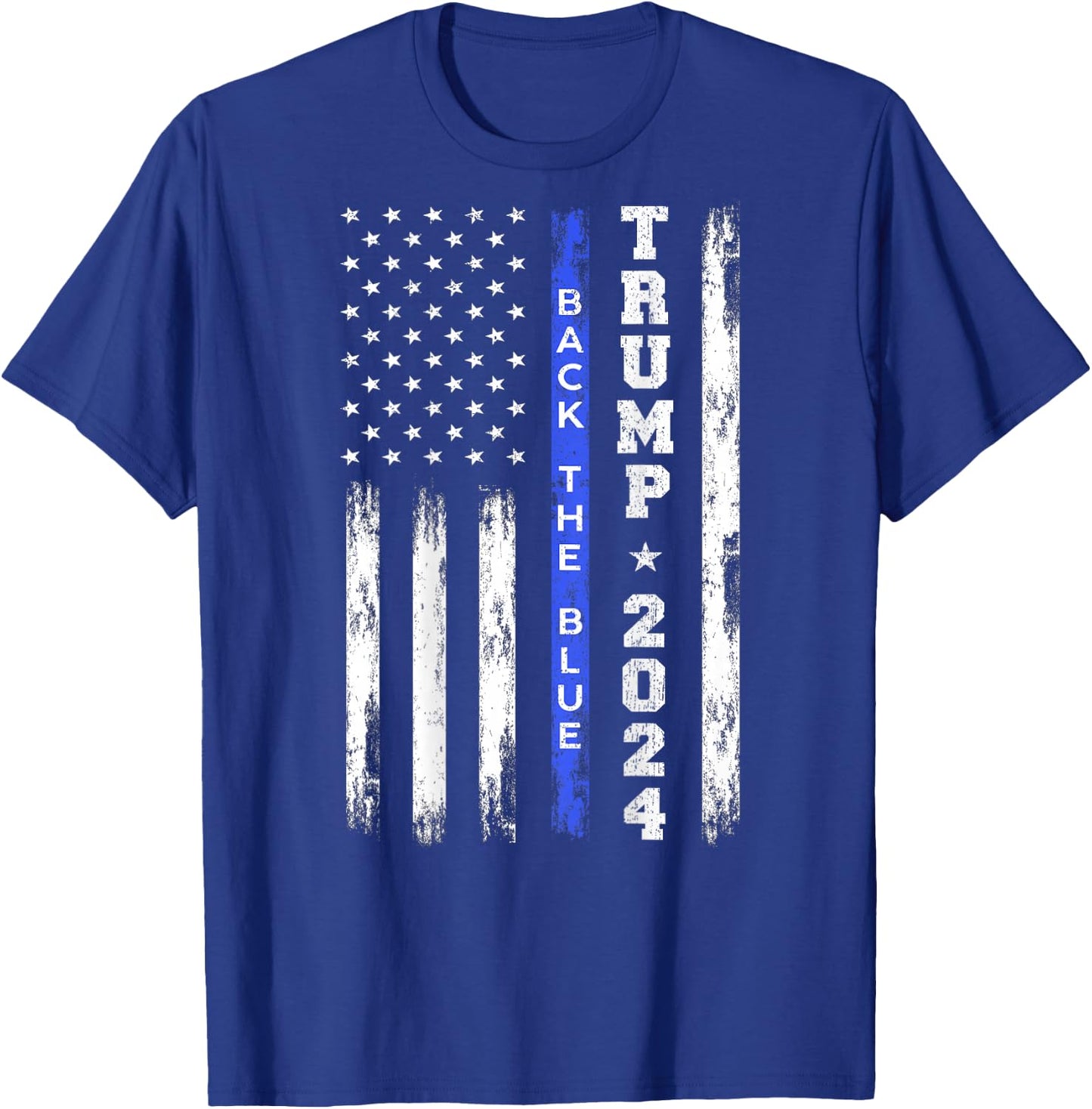 Trump 2024 Back The Blue Thin Blue Line American Flag Police T-Shirt - T-Shirt | Royal