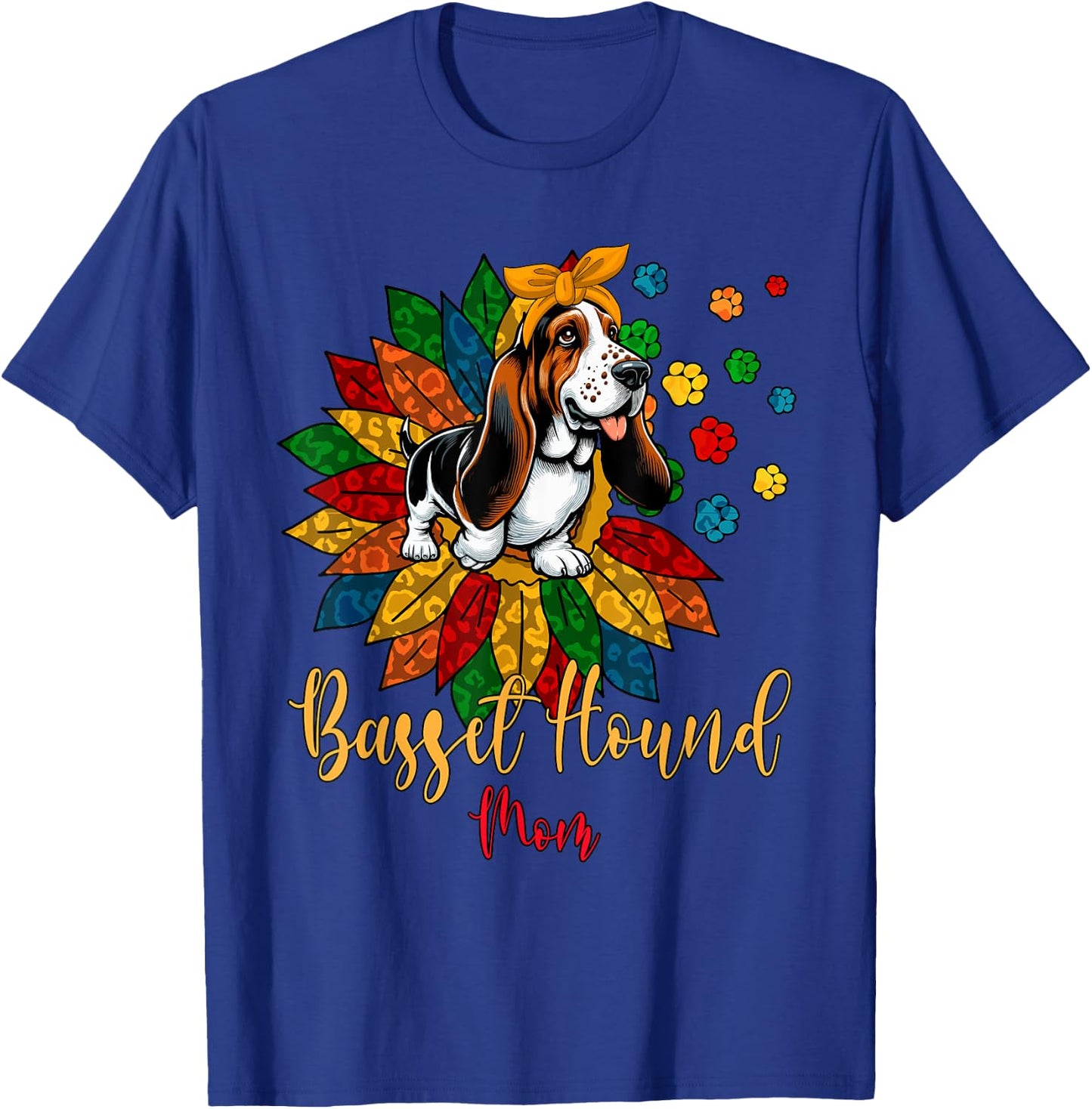 Basset Hound Mom Cute Colorful Leopard Sunflower Dog Paws Women Kids T-Shirt - T-Shirt | Royal