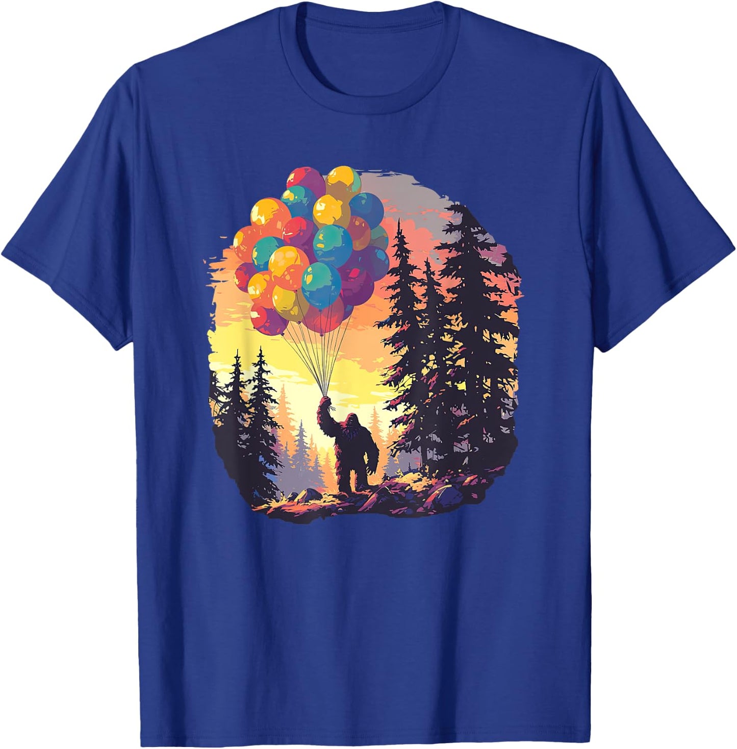 Bigfoot Forest Sunset Birthday Balloons Happy Bday Sasquatch T-Shirt - T-Shirt | Royal