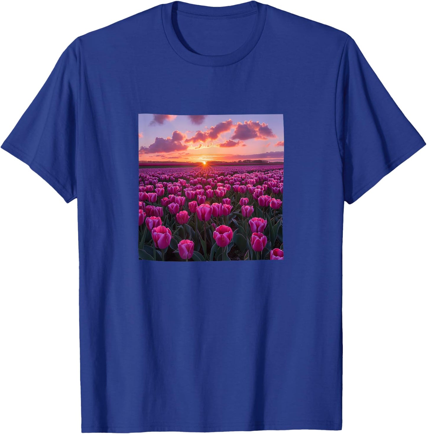 Tulip Flower Field Beautiful Sunset Graphic T-Shirt - T-Shirt | Royal