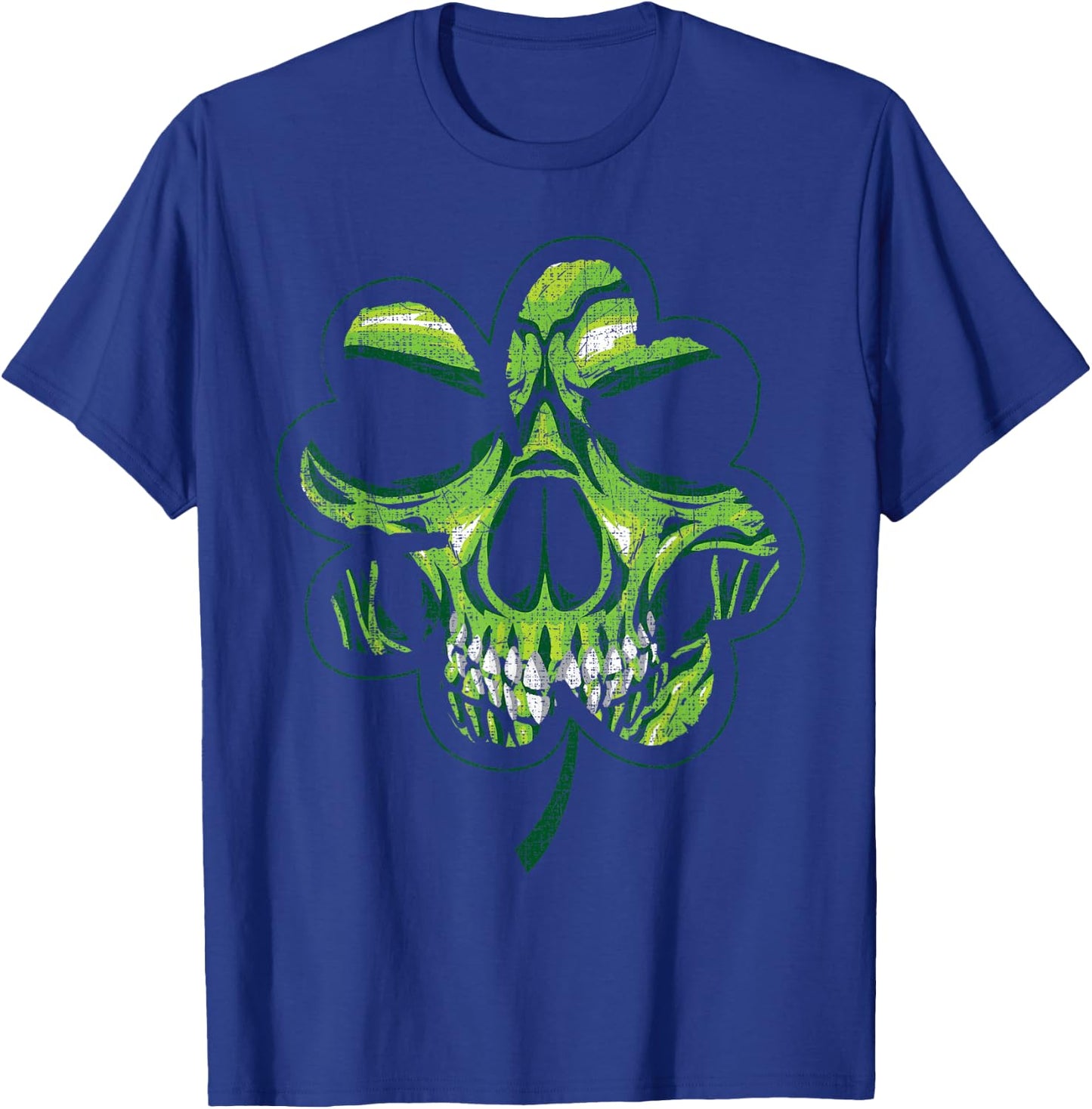 St. Patricks Day Shamrock Distressed Clover Biker Skull T-Shirt - T-Shirt | Royal