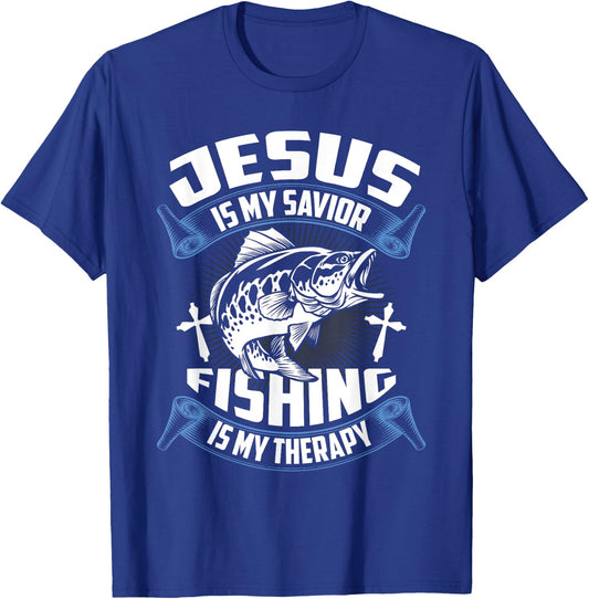 Jesus Is My Savior Fishing Is My Therapy Christian Fishermen T-Shirt - T-Shirt | Royal