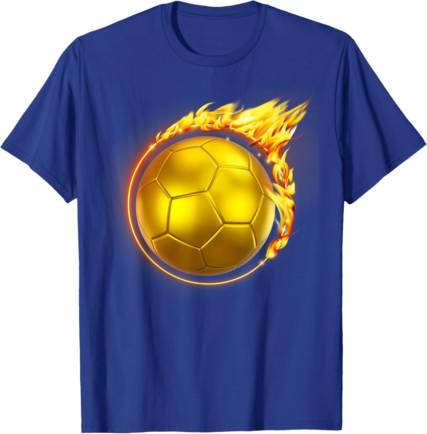 Gold Soccer Ball Flames Flaming Flying Soccer Ball on Fire T-Shirt - T-Shirt | Royal