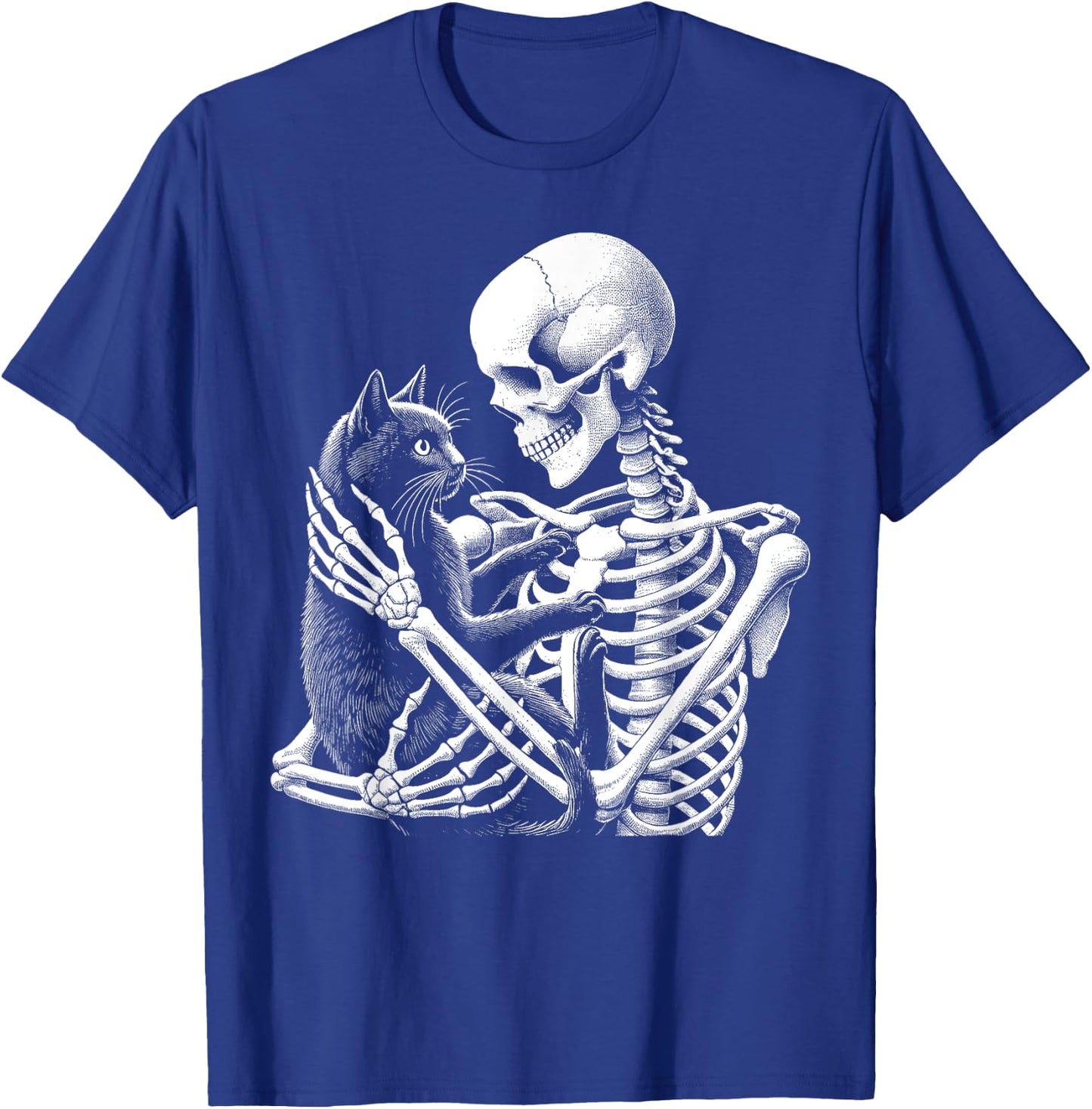 Skeleton Holding A Cat Funny Lazy Halloween Costume Skull T-Shirt - T-Shirt | Royal