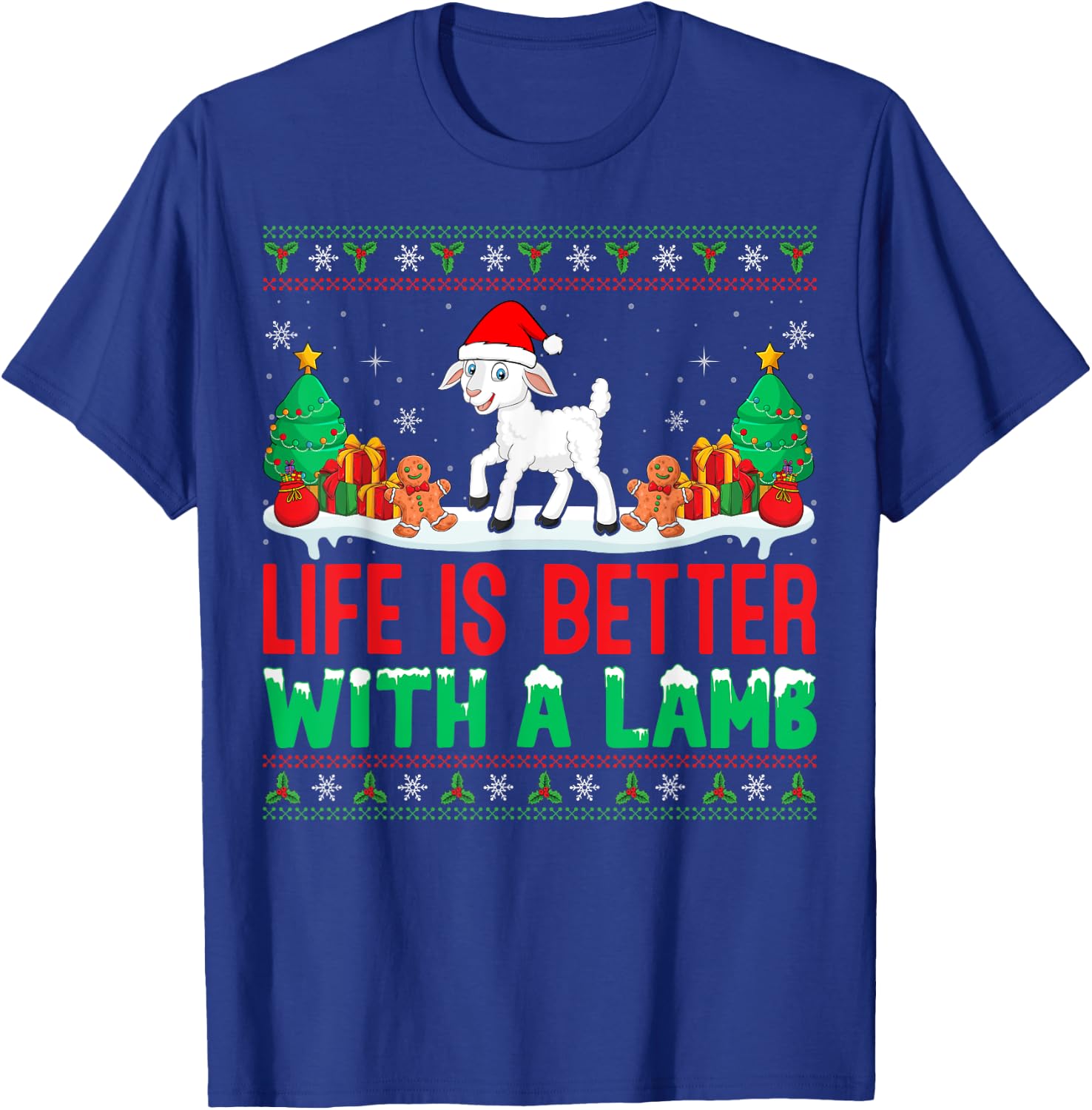 Life Is Better With A Lamb Santa Hat Ugly Christmas Lamb T-Shirt - T-Shirt | Royal