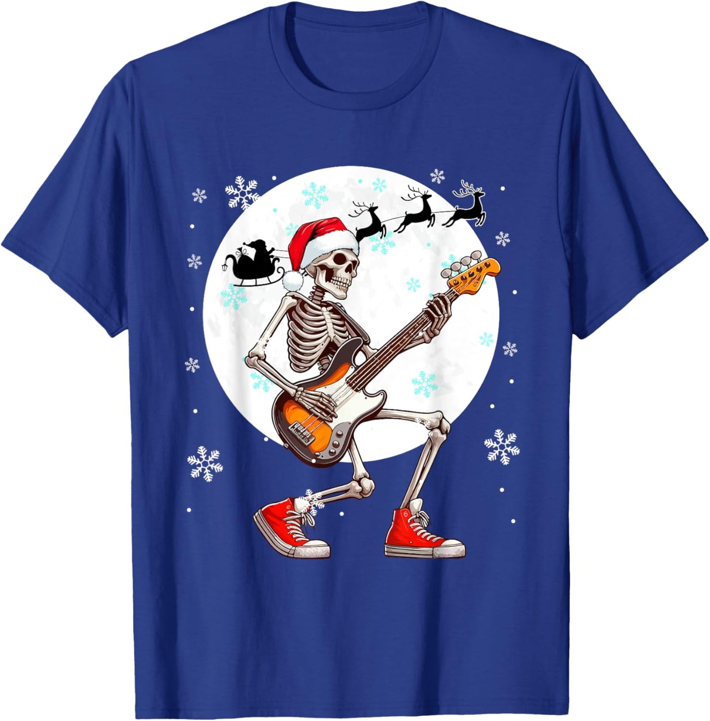 Christmas Santa Skeletons Playing Guitar Bass Guitarist T-Shirt - T-Shirt | Royal
