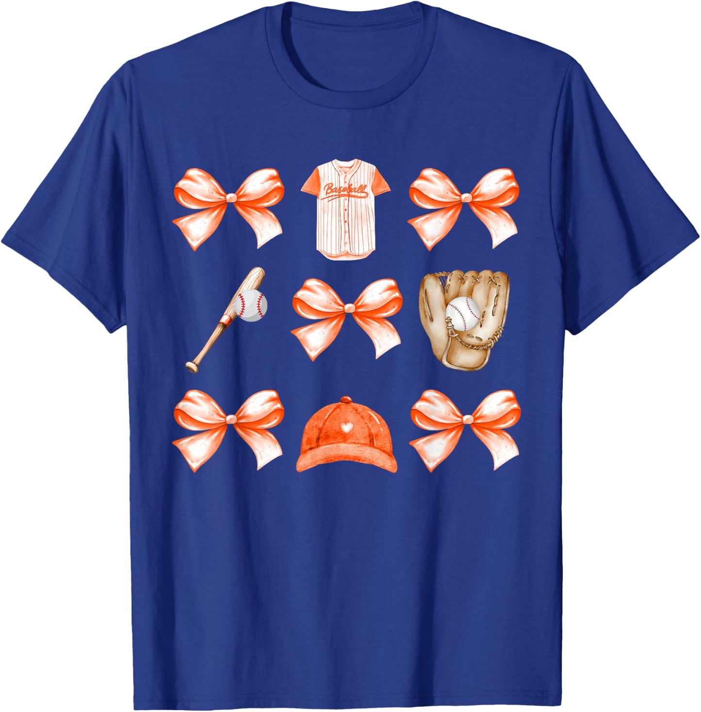 Baseball Game Day Orange Coquette Bow Baseball Mom Retro T-Shirt - T-Shirt | Royal