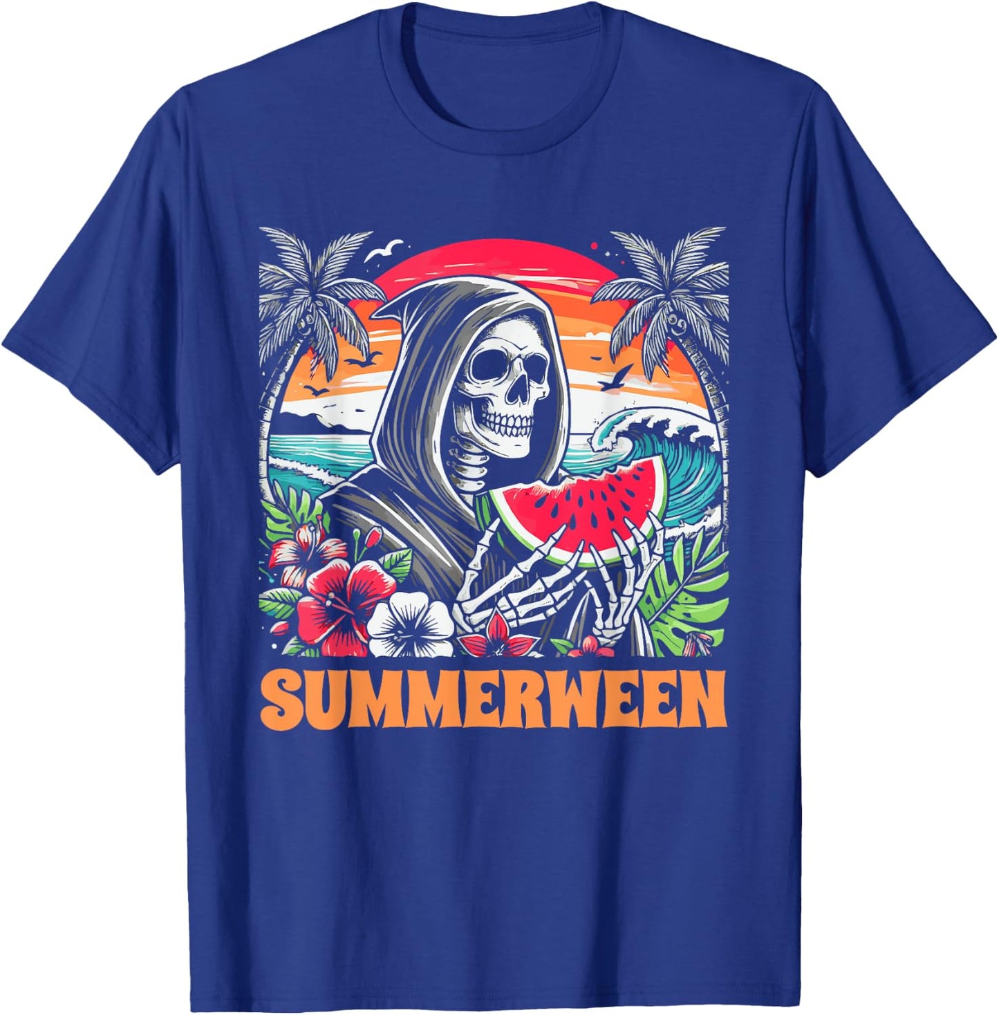 Summerween Skeleton Tropical Beach Scene T-Shirt - T-Shirt | Royal