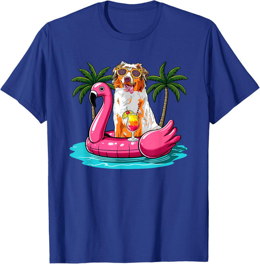 Australian Shepherd Sunglasses On Flamingo Cute Float Lover T-Shirt - T-Shirt | Royal