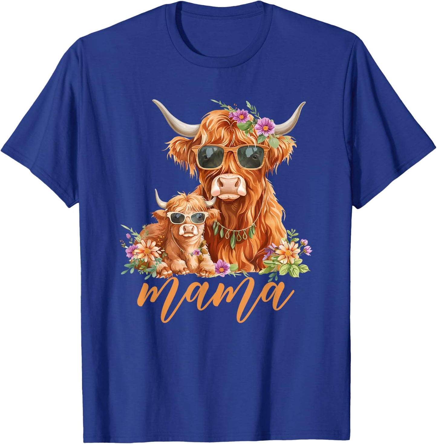 Cute Mama Highland Cow With Baby Calf Boho Floral Mommy Cow T-Shirt - T-Shirt | Royal
