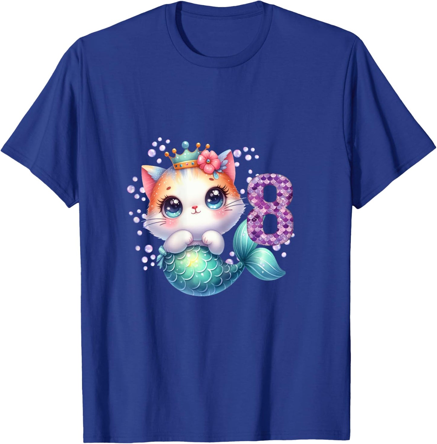 Cat Mermaid 8th Birthday 8 Year Old Party Girls Outfit T-Shirt - T-Shirt | Royal