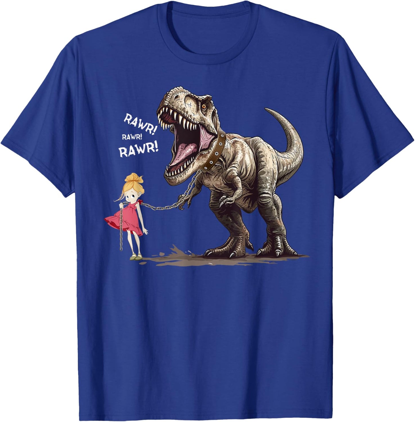 Cute T-Rex Dinosaur Pet on a Leach led by a Girl T-Shirt - T-Shirt | Royal