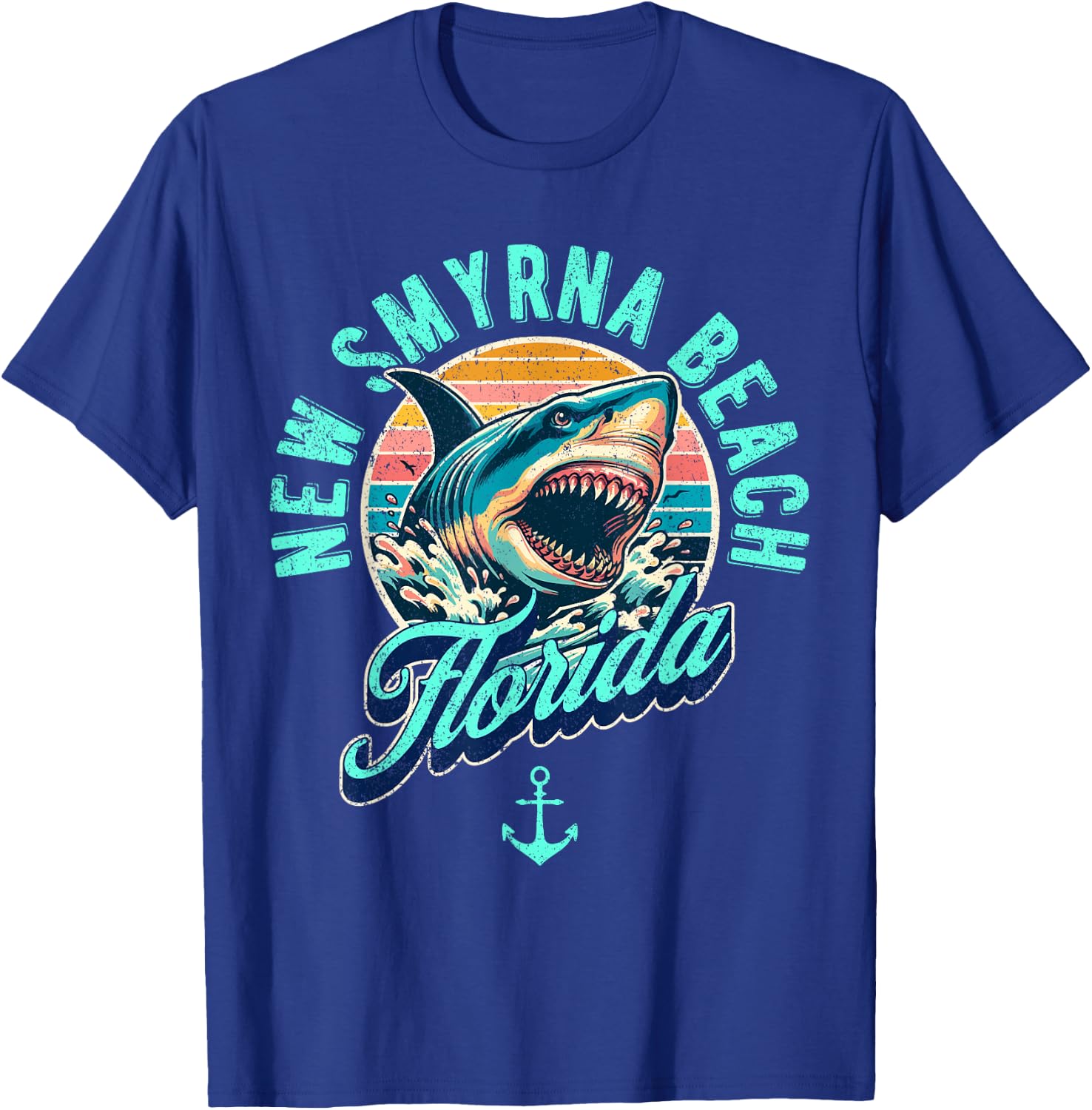New Smyrna Beach Florida Shark Retro Distressed Design T-Shirt - T-Shirt | Royal