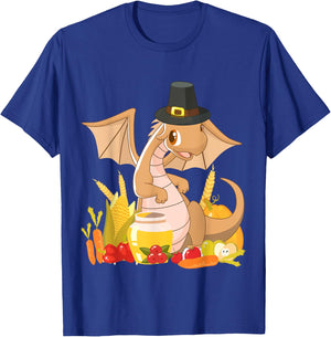 Cute Dragon Pilgrim - Happy Thanksgiving Holiday Autumn T-Shirt - T-Shirt | Royal