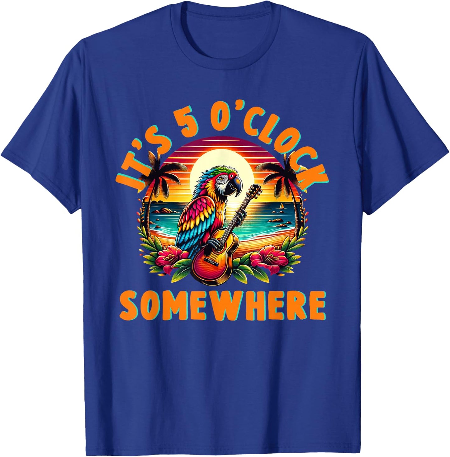 It's 5 O'clock Somewhere Funny Summer Beach Vacation Parrot T-Shirt - T-Shirt | Royal