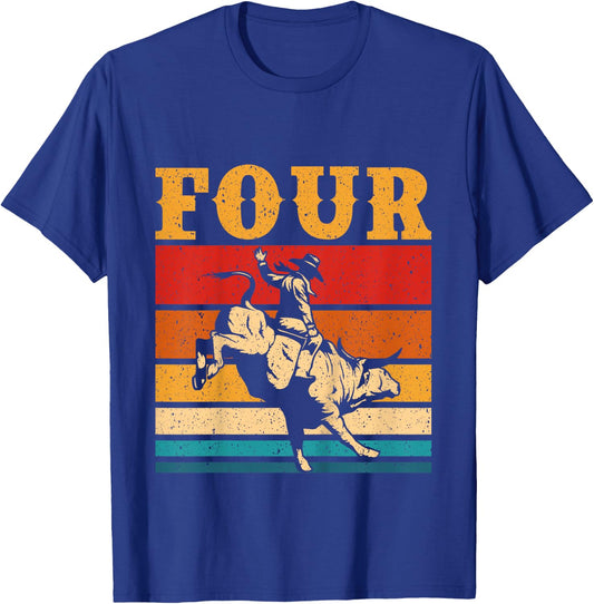 Kids Bull Riding 4th Birthday Cowboy Boy 4 Year Old Western Rodeo T-Shirt - T-Shirt | Royal