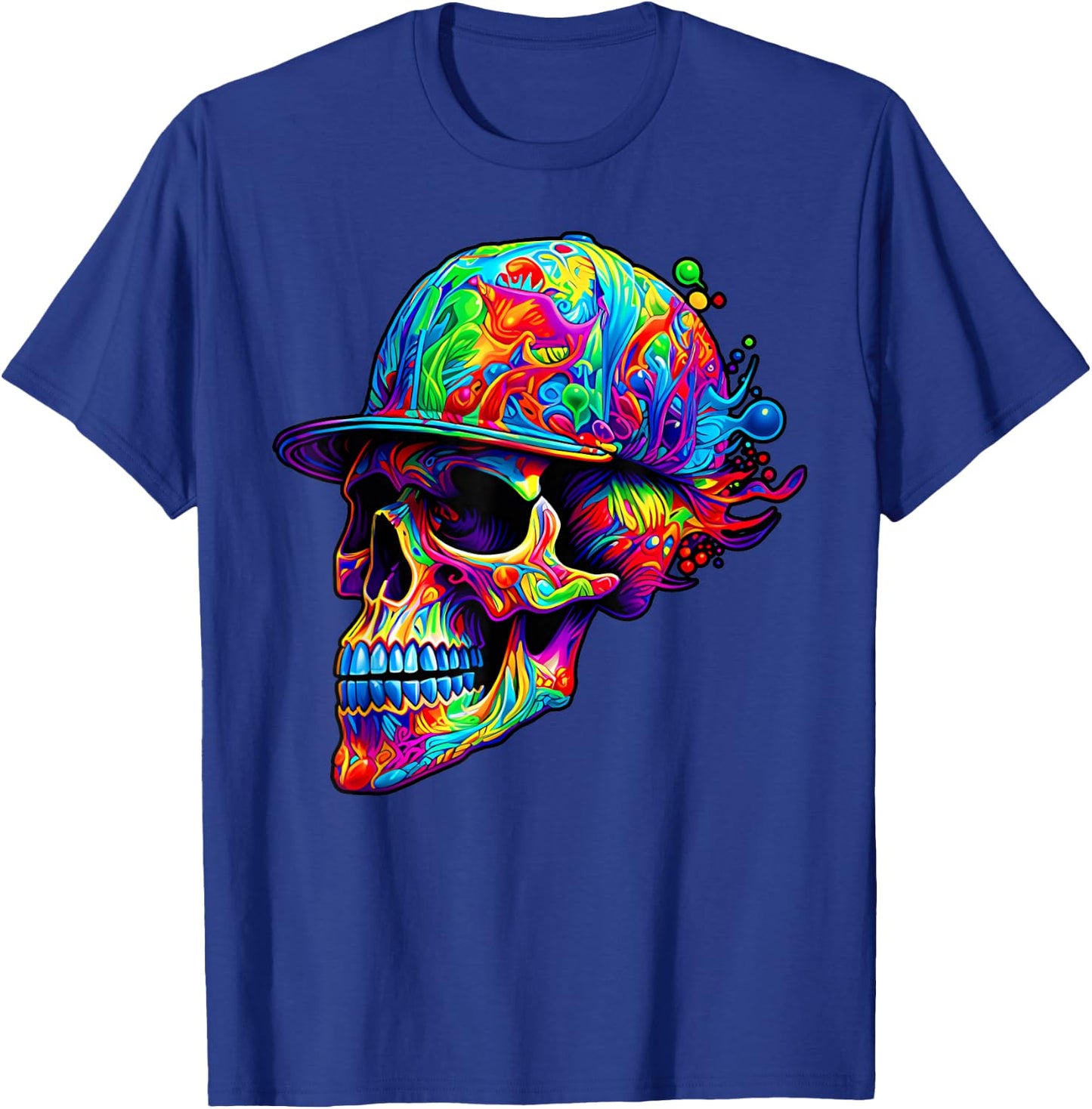 Colorful Skull With Hat Paint Skeleton Men Women Boys T-Shirt - T-Shirt | Royal