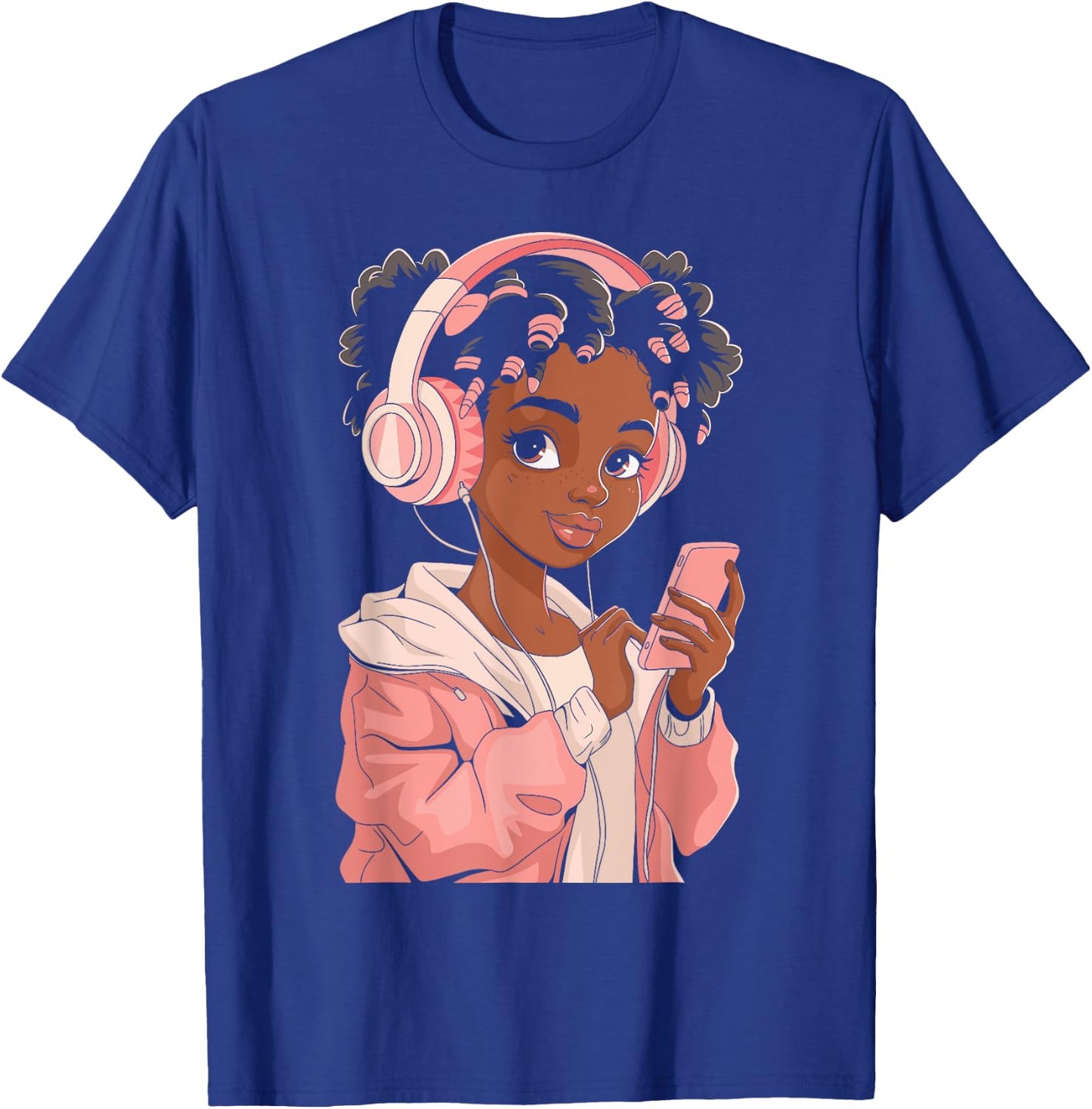 Afro Anime Black Girl with Headphones Kpop Art T-Shirt - T-Shirt | Royal
