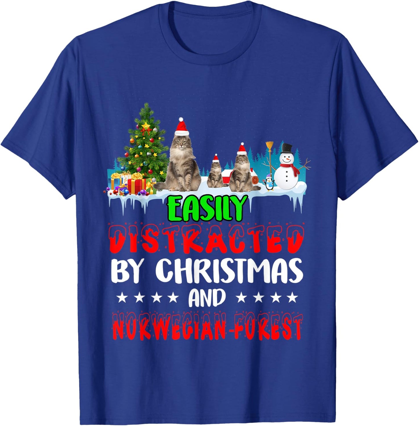 Easily Distracted by Christmas Norwegian Forest Cat on Snow T-Shirt - T-Shirt | Royal