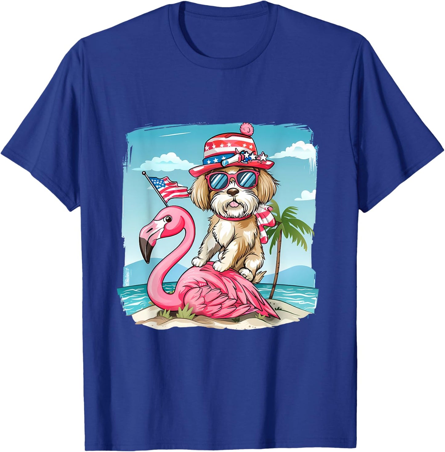 Fourth Of July Flamingo Dog USA American Flag 4th Of July T-Shirt - T-Shirt | Royal