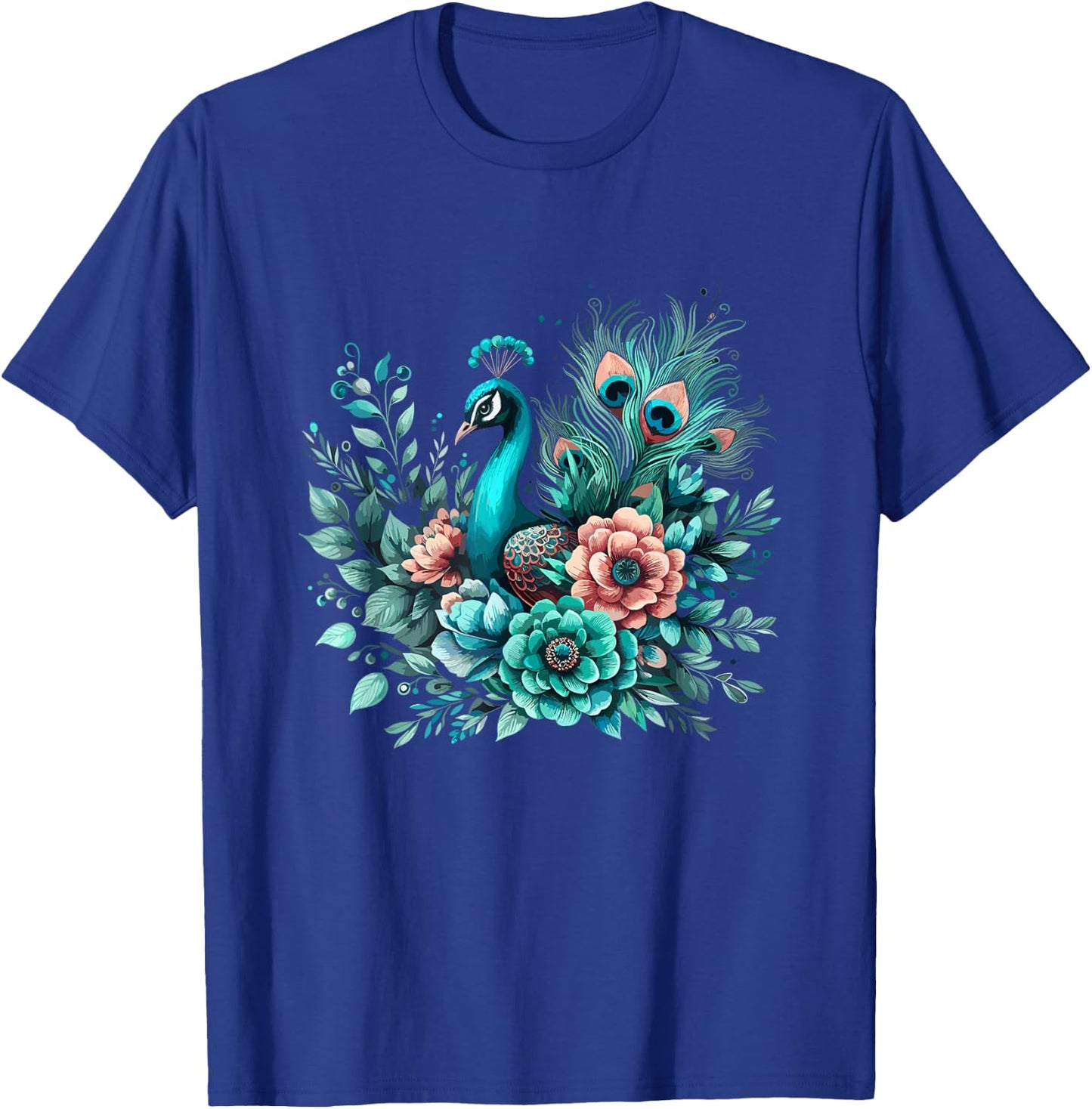 Beautiful Floral Flower Teal Feathers Peacock T-Shirt - T-Shirt | Royal