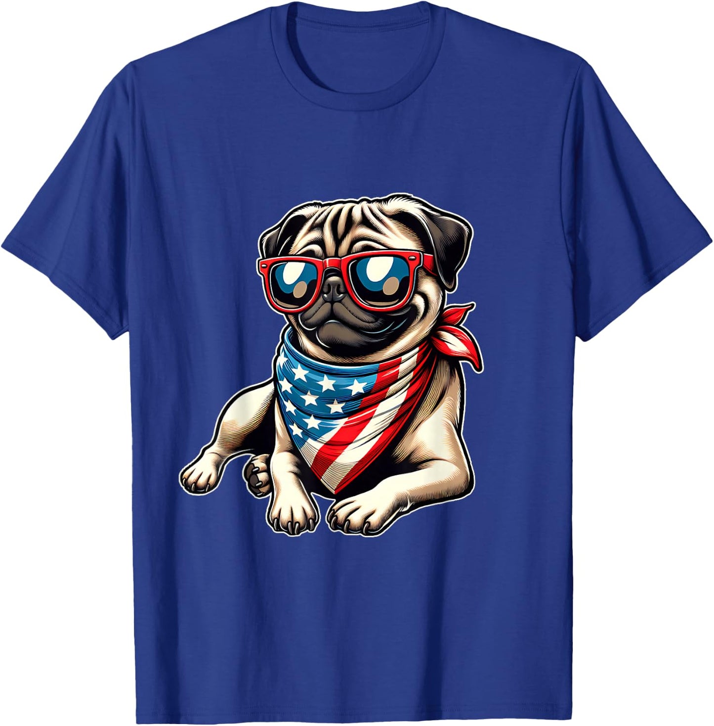 Pug with Bandana Sunglasses 4th of July US Dog American Flag T-Shirt - T-Shirt | Royal
