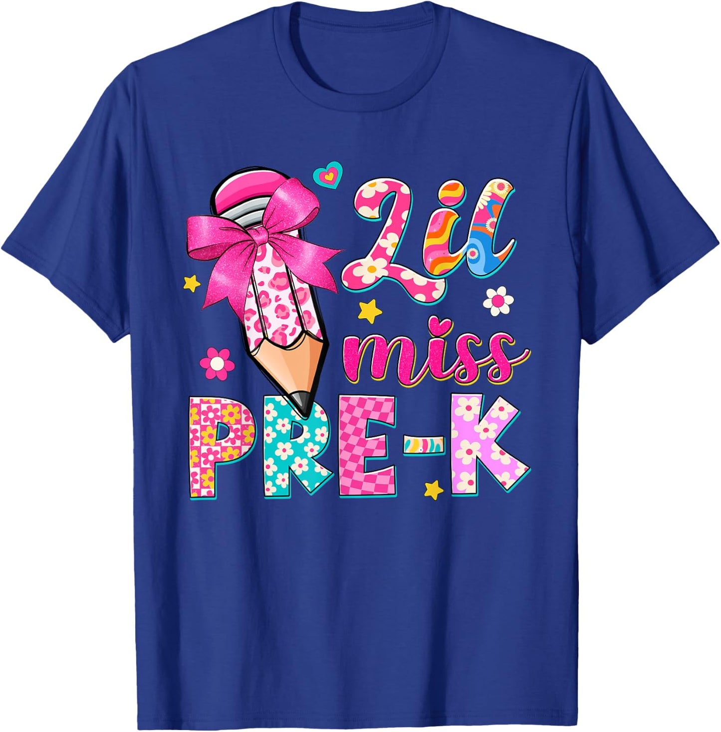 Pencil Bow Lil Miss Pre-K Pre-K Funny Back To School T-Shirt - T-Shirt | Royal