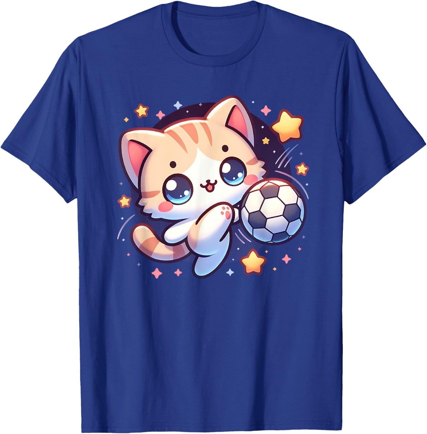 Cat Kitten Soccer Player Kicking Soccer Ball Cute Graphic Men Women Girls Kids T-Shirt - T-Shirt | Royal