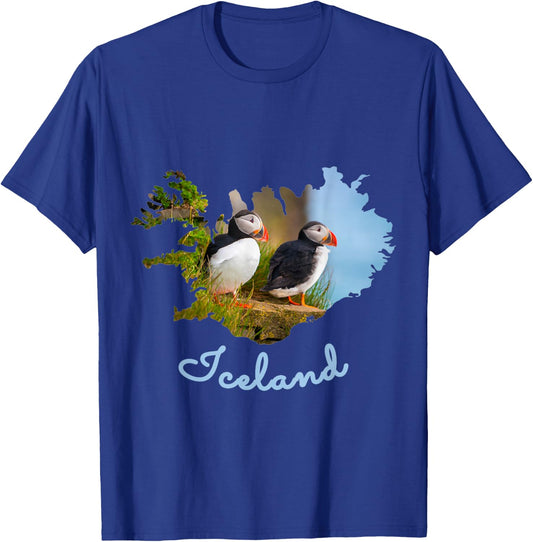 Puffin Bird Iceland Map Outline & Text Design T-Shirt - T-Shirt | Royal