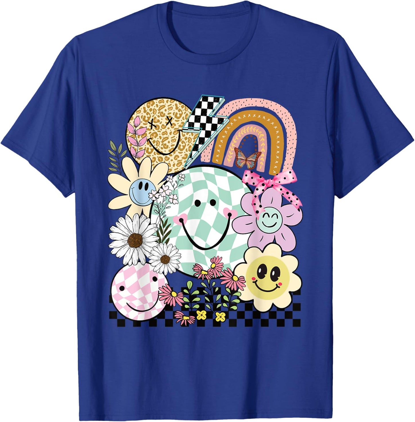 Funny Checkered Happy Smiling Smile Face Daisy Flower Girl T-Shirt - T-Shirt | Royal