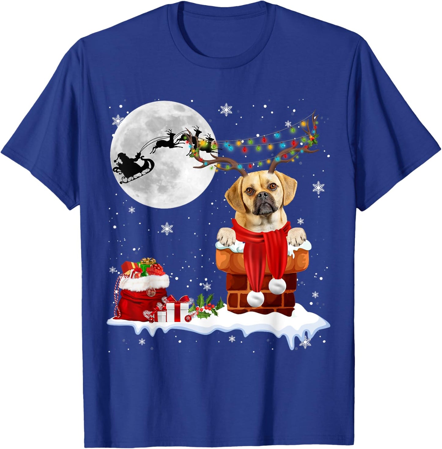 Puggle Dog Chimney Ugly Christmas Lights Xmas Pajamas Men Women Kids T-Shirt - T-Shirt | Royal