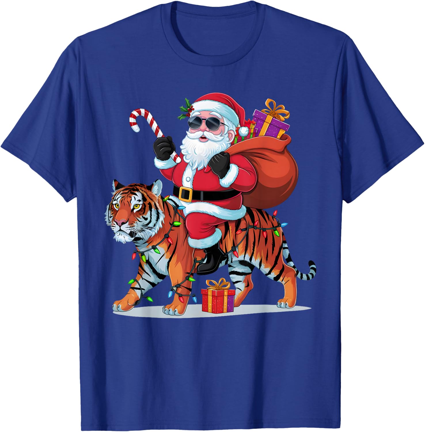 Tiger Lover Xmas Lighting Santa Riding Tiger Christmas T-Shirt - T-Shirt | Royal