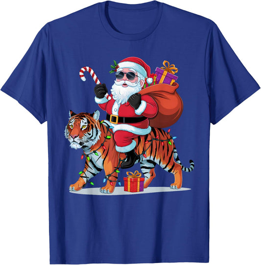 Tiger Lover Xmas Lighting Santa Riding Tiger Christmas T-Shirt - T-Shirt | Royal