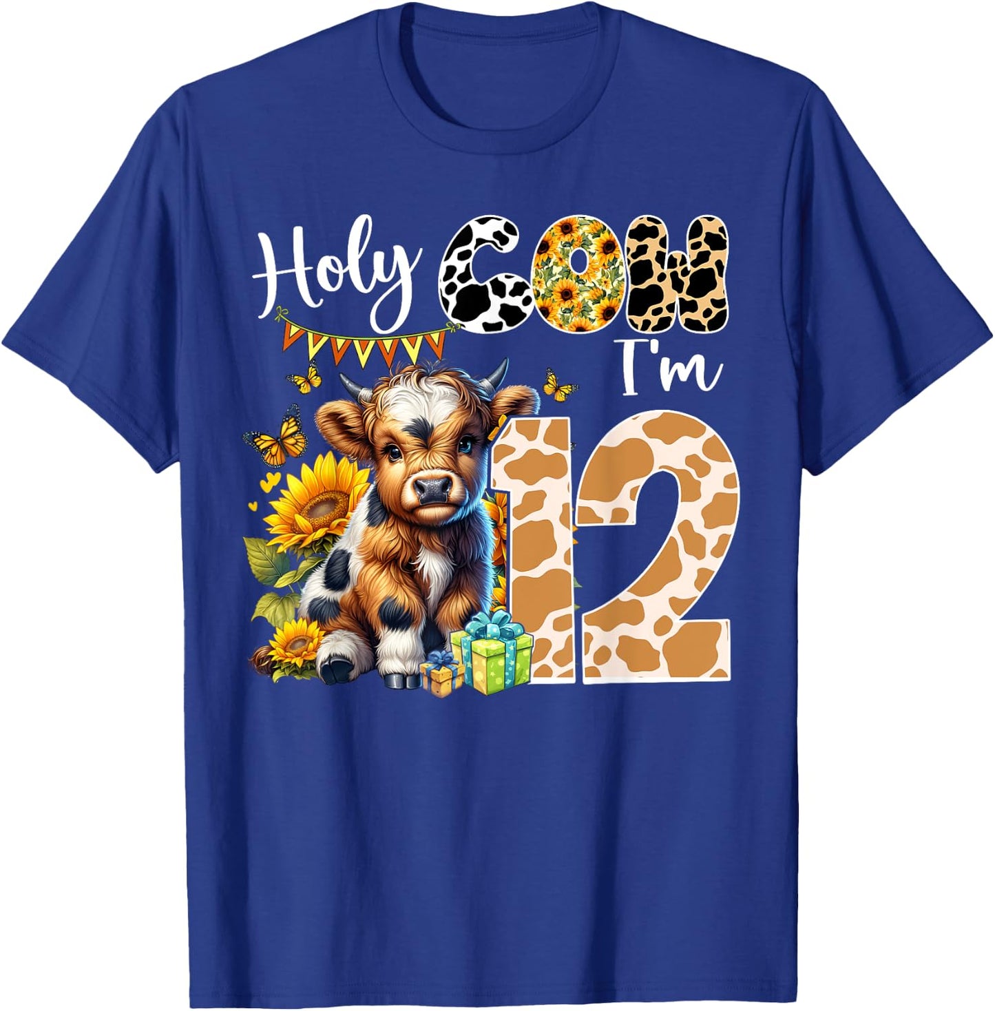 Holy Cow I’m 12 Years Old Dairy Cow Sunflowers 12th Birthday T-Shirt - T-Shirt | Royal