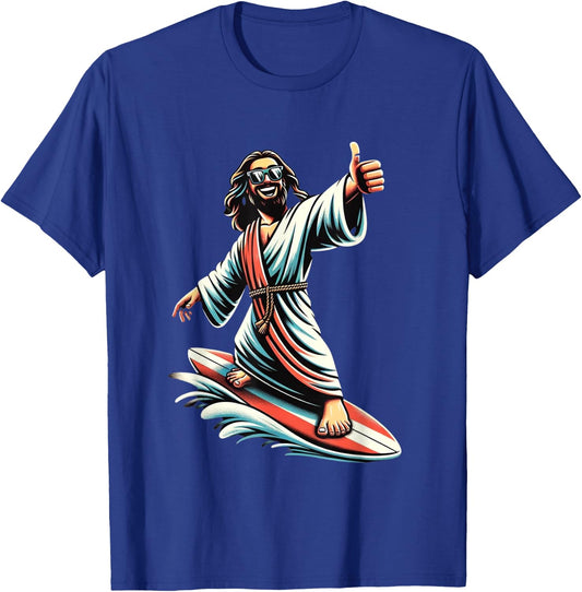 Jesus Surfing on Water, Thumbs-up Fun Christian Design T-Shirt - T-Shirt | Royal