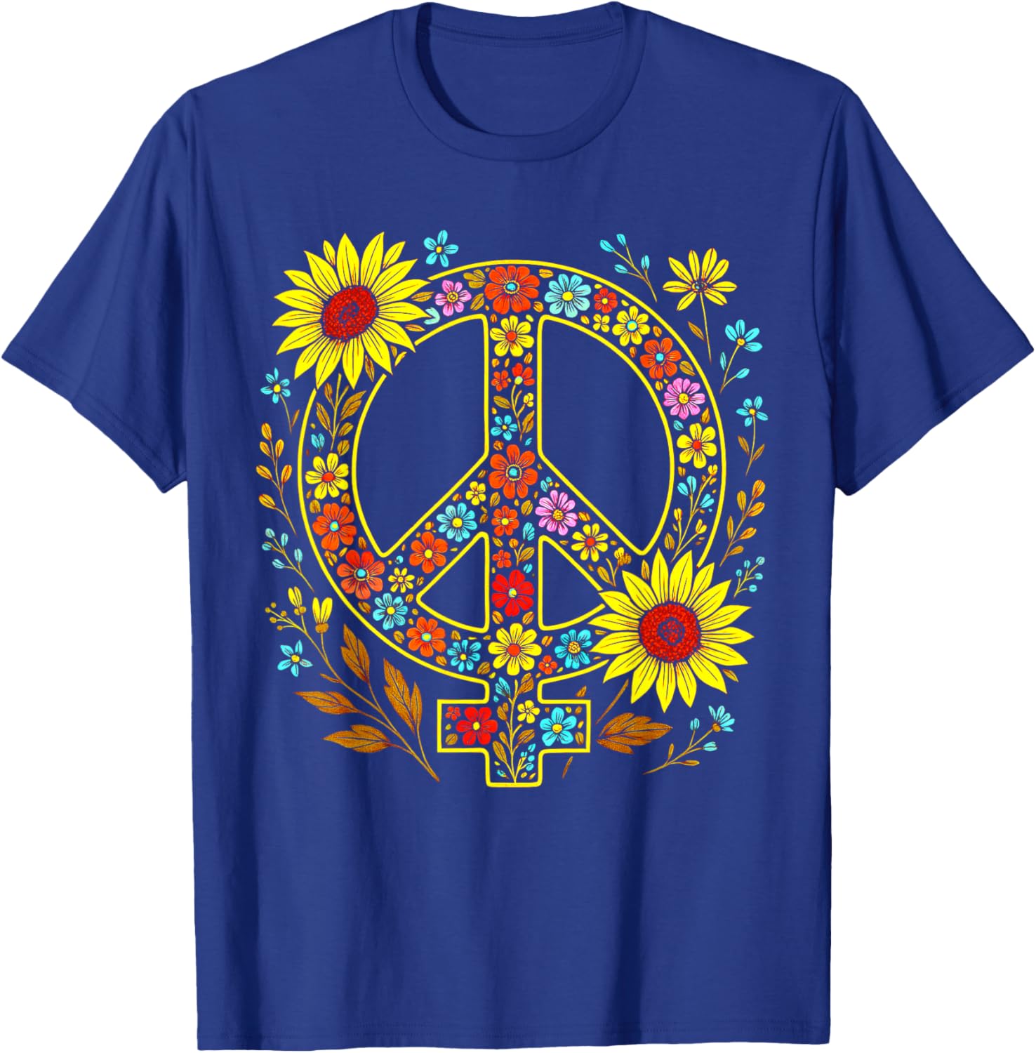 Feminist Peace Symbol Vintage Floral Hippie Women Sunflower T-Shirt - T-Shirt | Royal