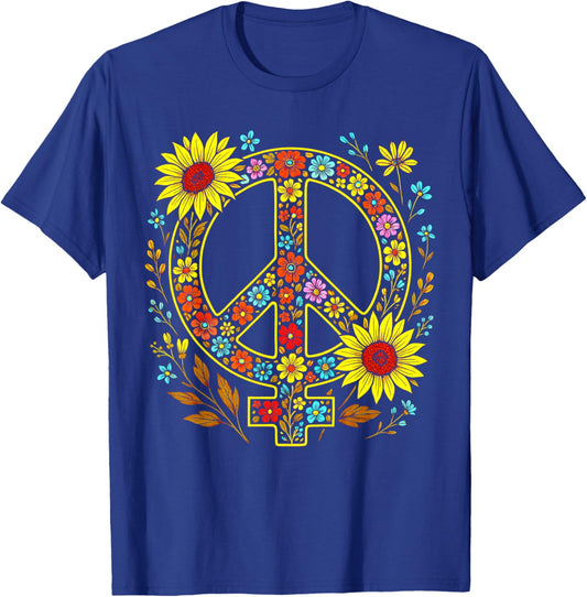Feminist Peace Symbol Vintage Floral Hippie Women Sunflower T-Shirt - T-Shirt | Royal