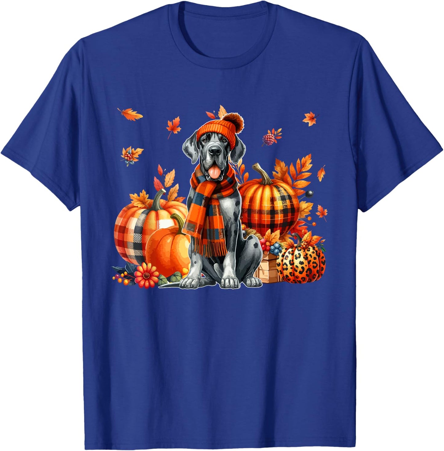 Great Dane Thanksgiving Leopard Pumpkins Fall Leaves Lover T-Shirt - T-Shirt | Royal