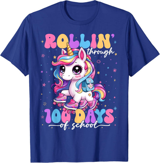 Rollin' Through 100 Days Of School 100th Day Unicorn Teacher T-Shirt - T-Shirt | Royal