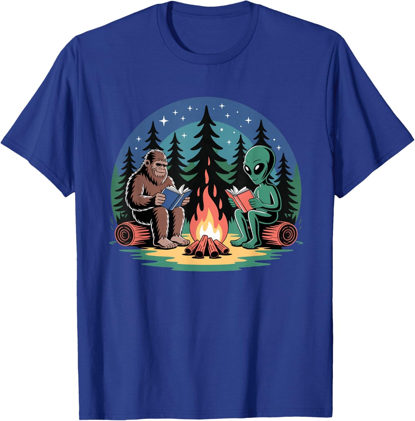 Alien Camping Bigfoot Campfire Reading Peaceful Forest T-Shirt - T-Shirt | Royal