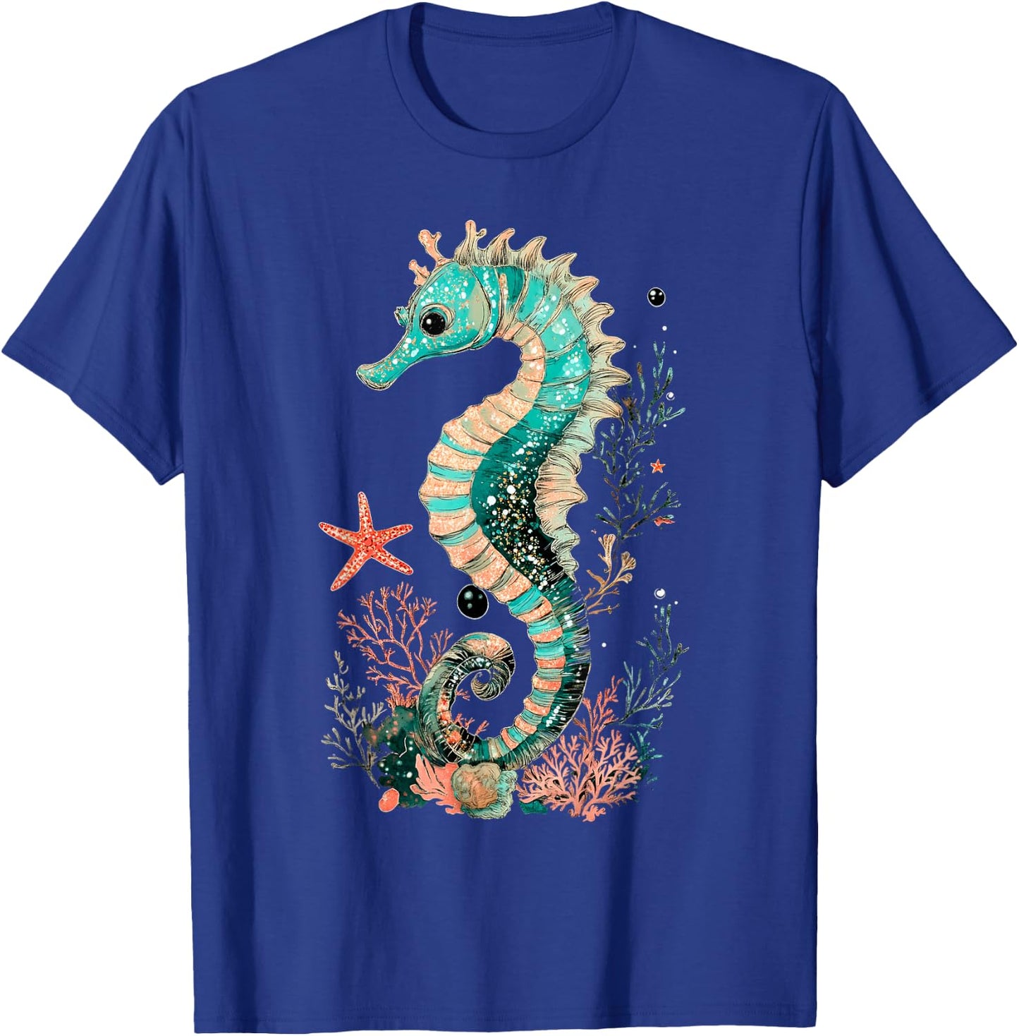 Seahorse Coral Starfish Nautical Art T-Shirt - T-Shirt | Royal
