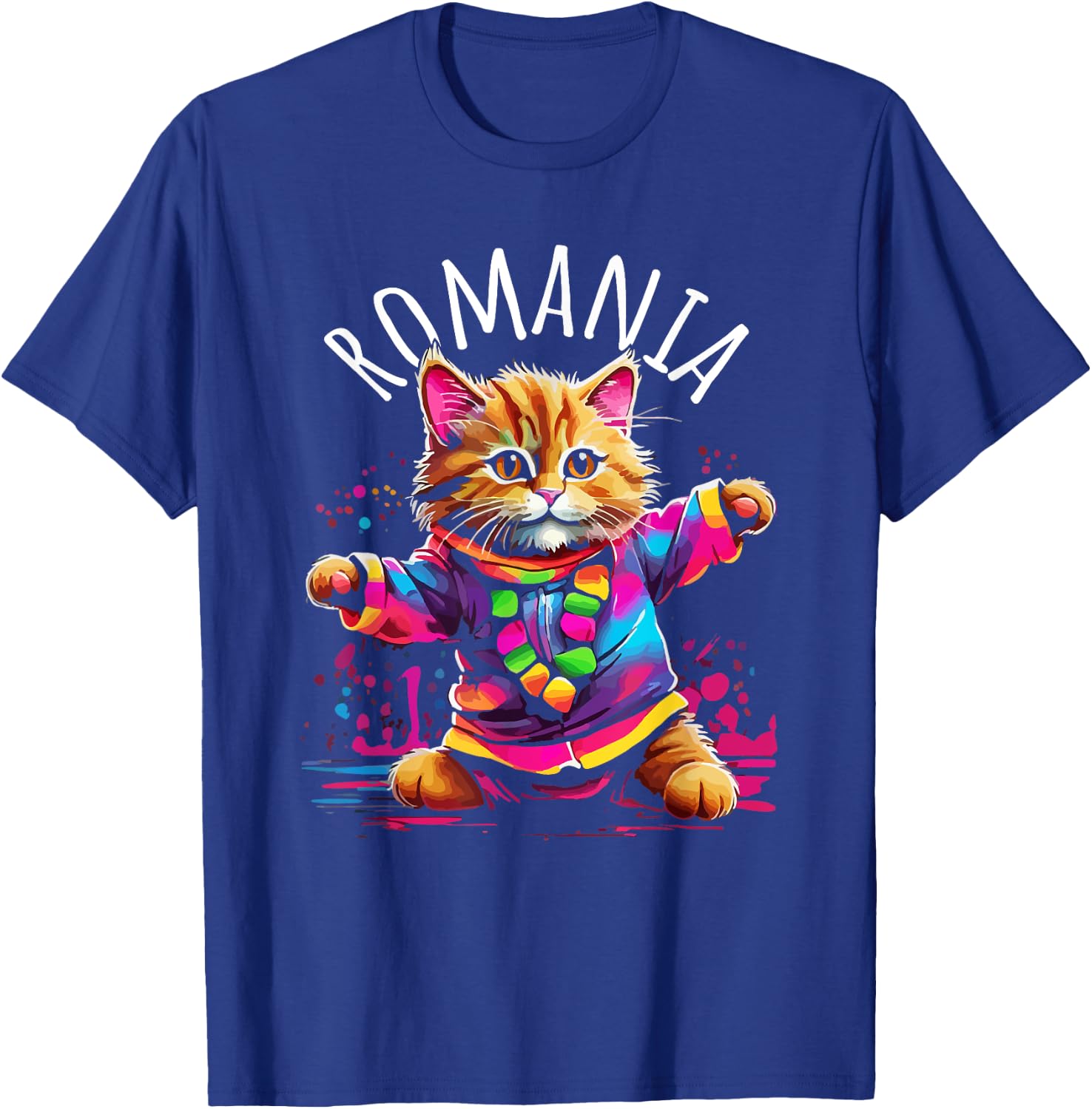 Romania Quirky Funny Cute Colorful Dancing Cat Design T-Shirt - T-Shirt | Royal