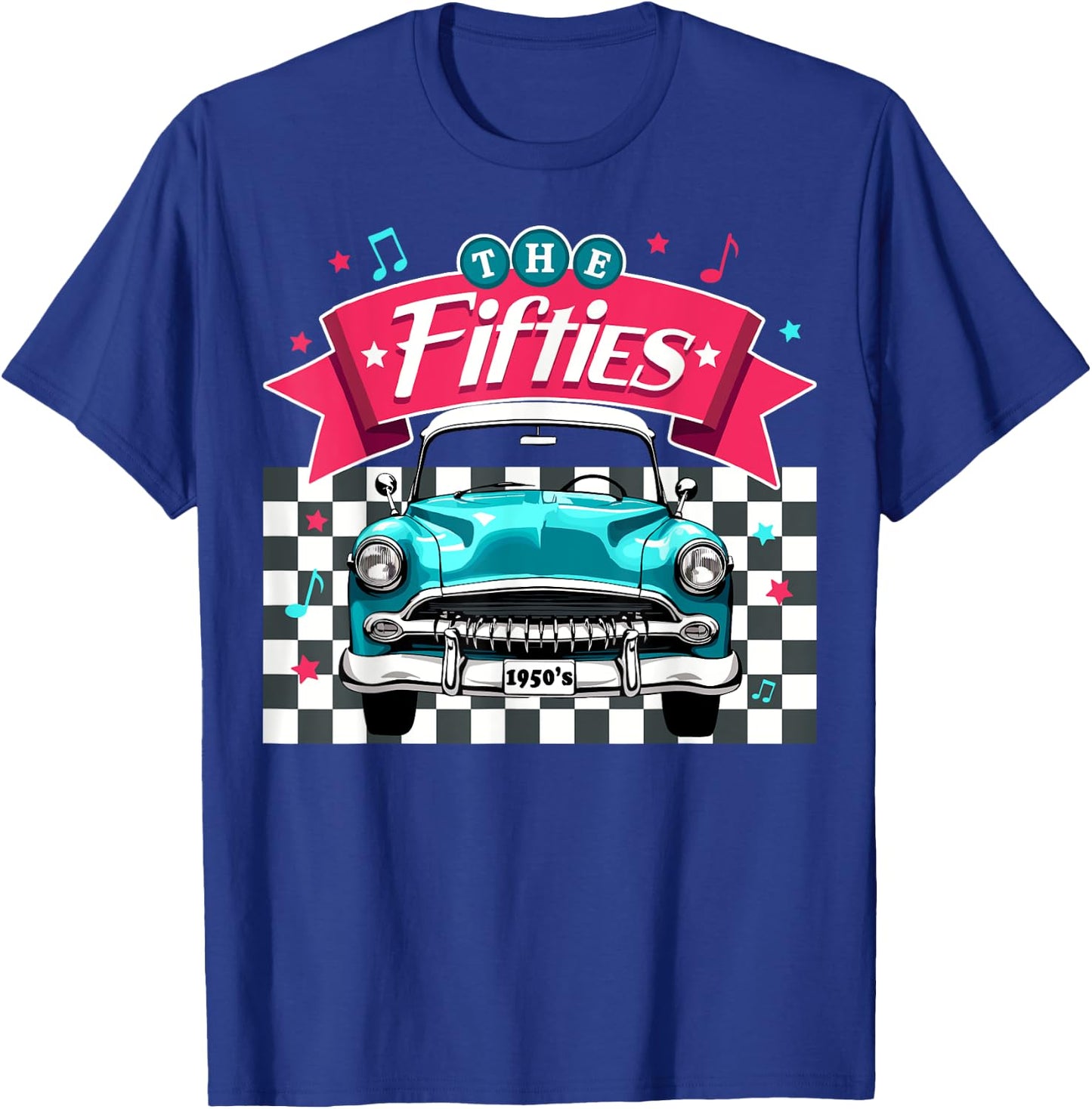 The Fifties 1950s Car Music Checkerboard Rockabilly Sock Hop T-Shirt - T-Shirt | Royal