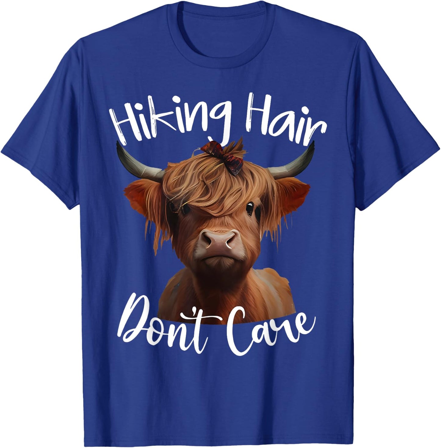 Funny Camping Highland Cow Hiking Hair Don't Care T-Shirt - T-Shirt | Royal