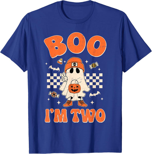 Boo I'm Two Years Old Birthday Kid Boy Retro Ghost Halloween T-Shirt - T-Shirt | Royal
