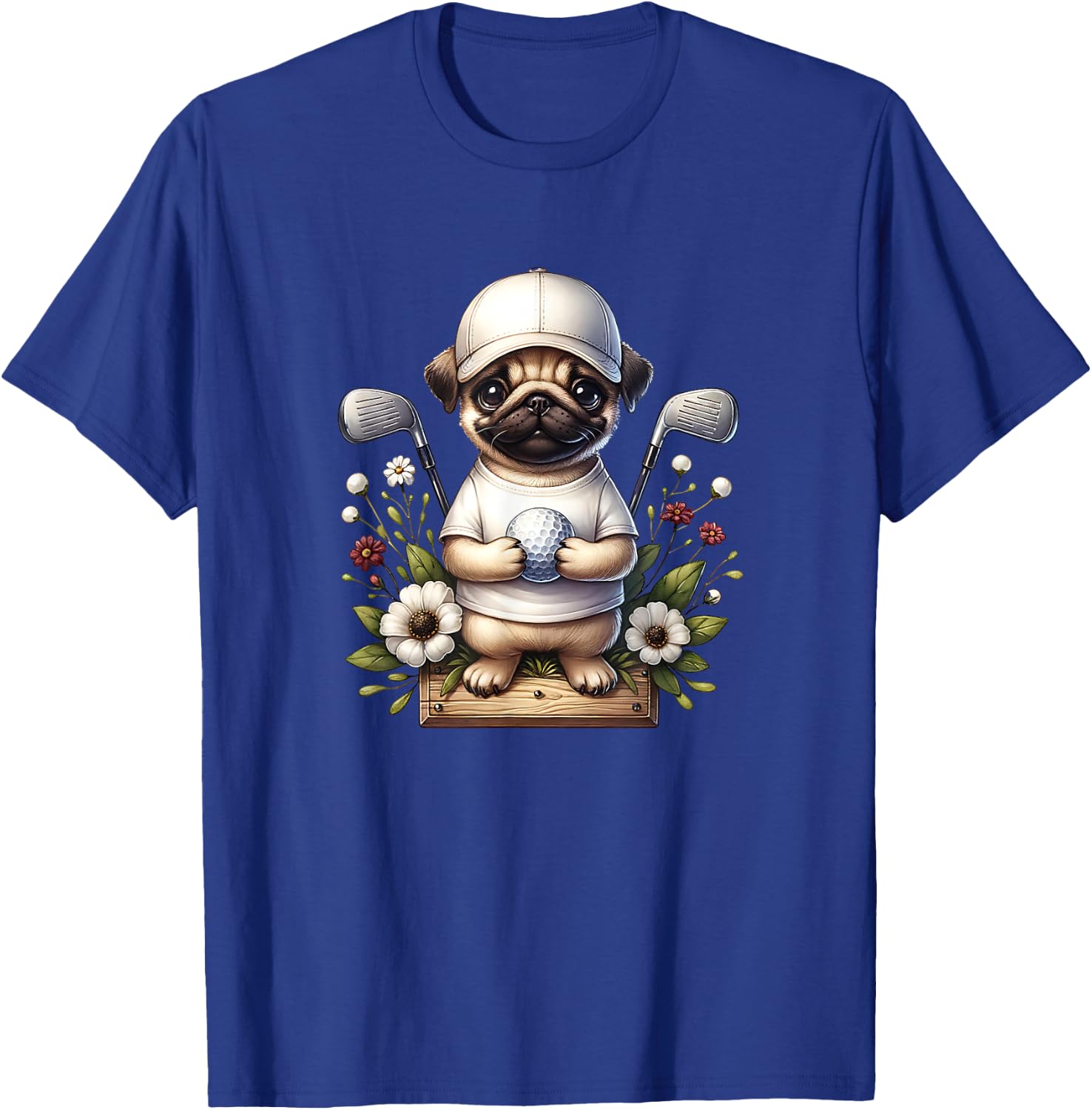 Funny Pug Golfer With Golf Ball And Clubs T-Shirt - T-Shirt | Royal
