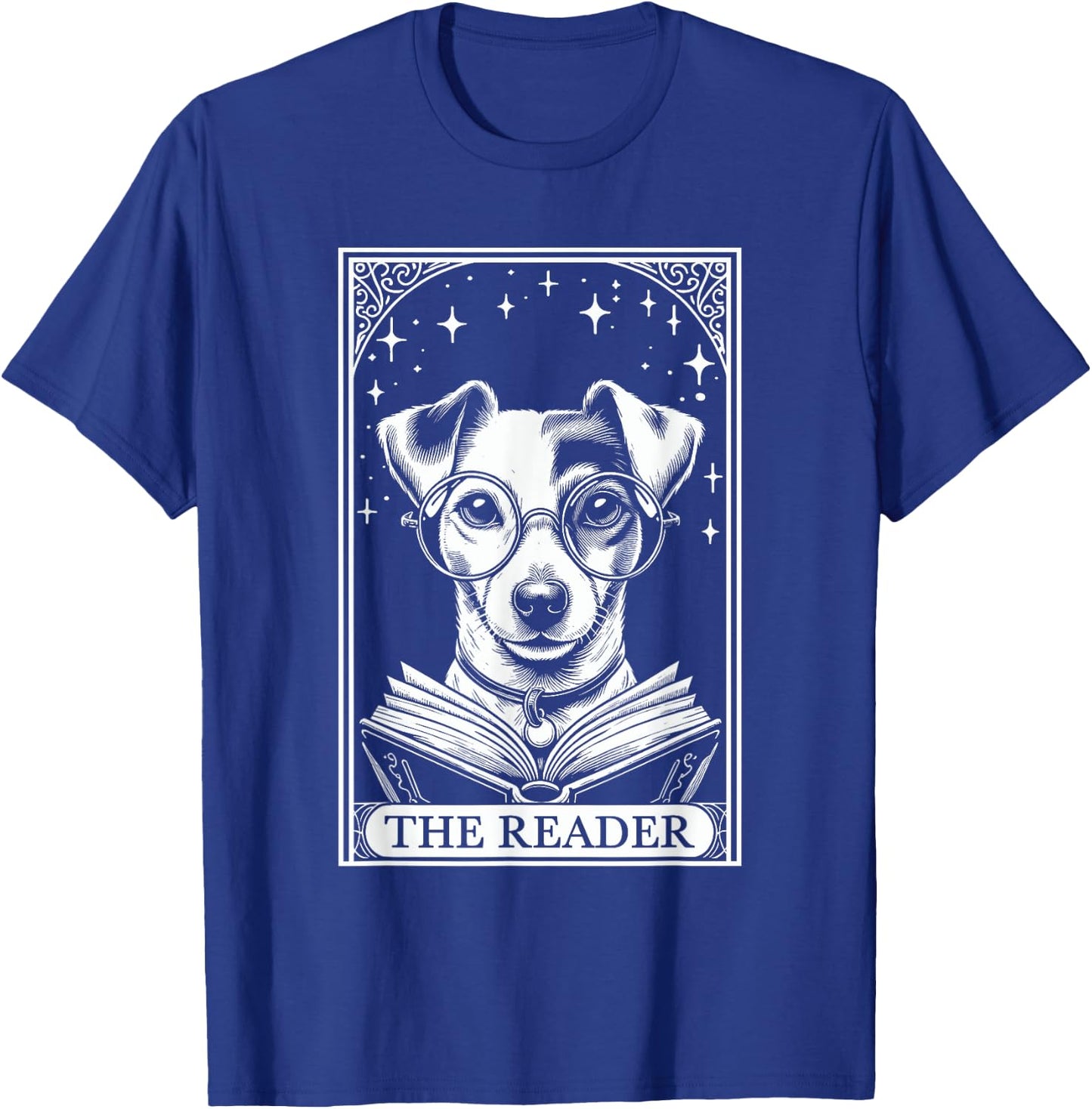 Retro Funny Jack Russell Dog Mom Reading Bookworm Tarot Card Jack Russell Terrier Book Lover - -Adults, -Kids - Black - Short Sleeve - Small T-Shirt - T-Shirt | Royal