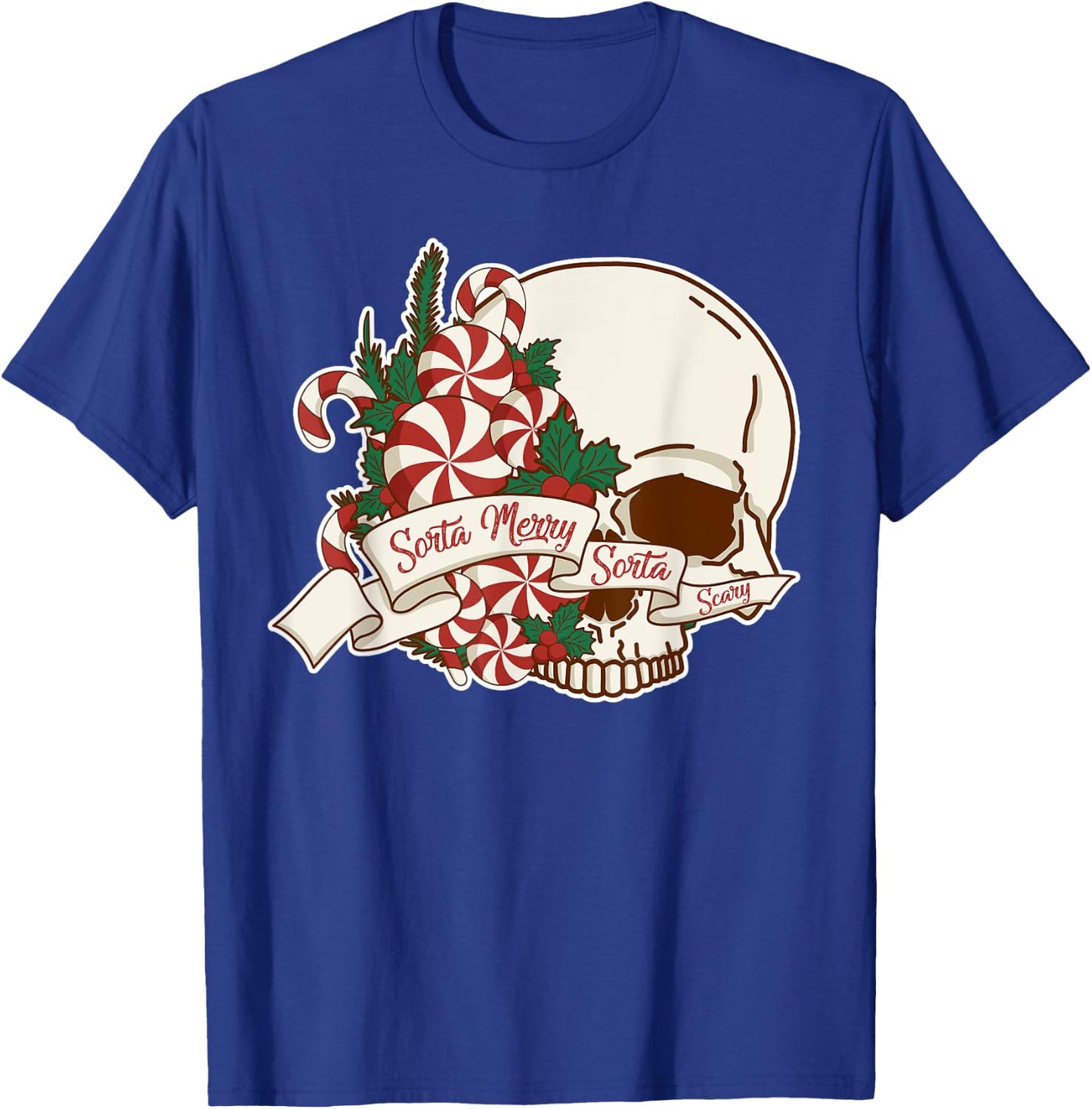Sorta Merry Sorta Scary Skull Christmas Peppermint Candy T-Shirt - T-Shirt | Royal